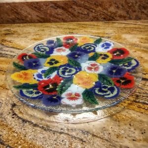 14 inches round fused glass serving plate with multi color pansies